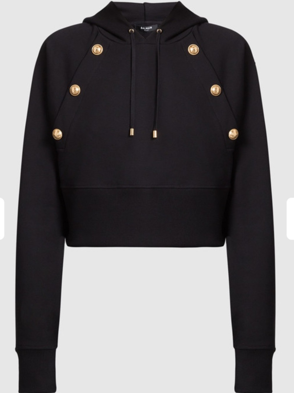 Balmain Black Cropped Hoodie with Gold Button Accents